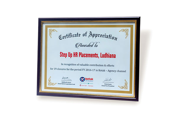Certificate of Appreciation awarded by Kotak Group for the valuable contribution & efforts